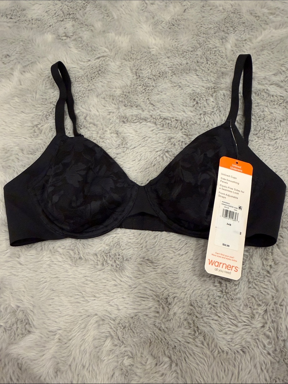34 B Warner's Black Floral-Texture Underwire Bra